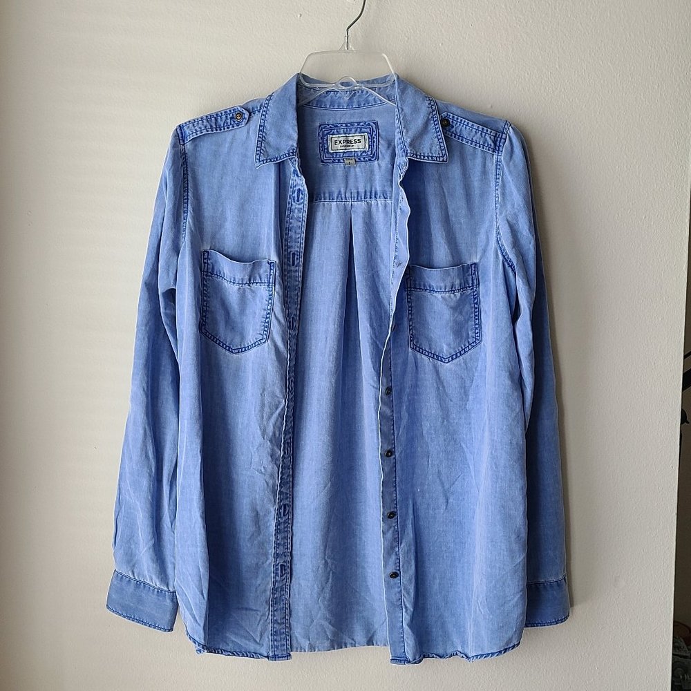 Express Boyfriend Denim Blue Twill Button Down Shirt